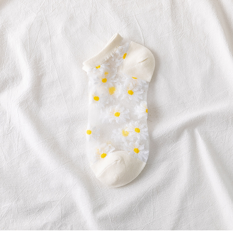 Socks, Stockings Female Summer Thin Section Korean Small Daisy Glass Crystal Stockings Shallow Mouth Cute Transparent Kasi Socks